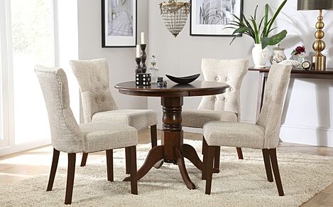 Kingston Round Dining Table & 4 Bewley Chairs, Dark Solid Hardwood, Oatmeal Classic Linen-Weave Fabric, 90cm