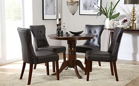 Kingston Round Dining Table & 4 Bewley Chairs, Dark Solid Hardwood, Brown Classic Faux Leather, 90cm