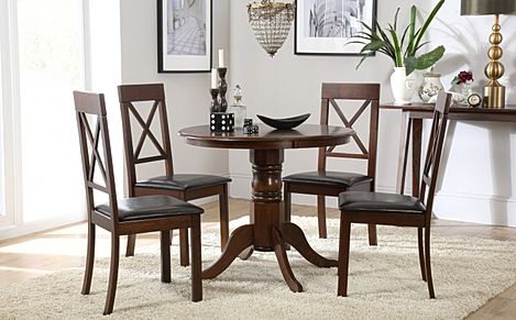 Kingston Round Dining Table & 4 Kendal Chairs, Dark Solid Hardwood, Brown Classic Faux Leather, 90cm