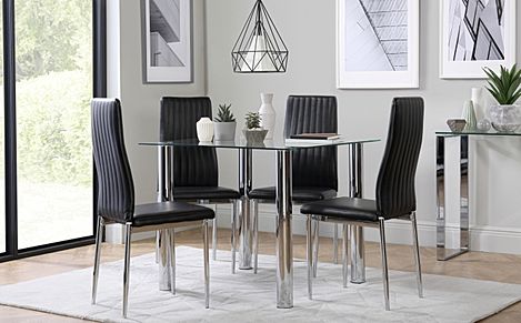 Nova Square Dining Table & 4 Leon Chairs, Glass & Chrome, Black Classic Faux Leather, 90cm