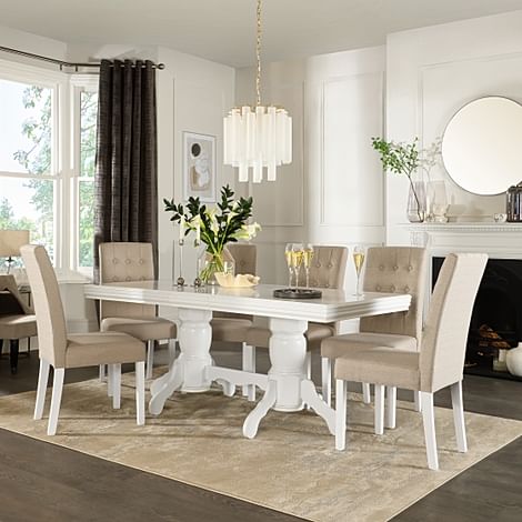 Chatsworth Extending Dining Table & 4 Regent Chairs, White Wood, Oatmeal Classic Linen-Weave Fabric, 150-180cm