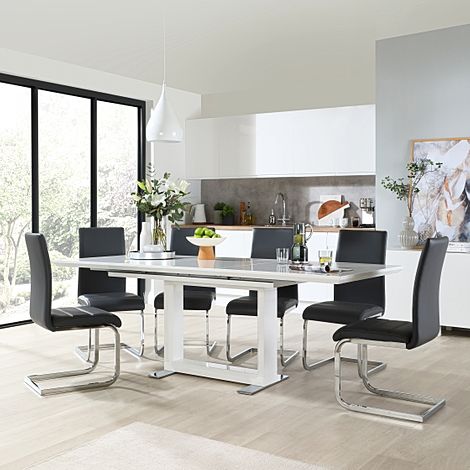 Tokyo Extending Dining Table & 8 Perth Chairs, White High Gloss, Grey Classic Faux Leather & Chrome, 160-220cm