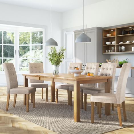 Highbury Extending Dining Table & 8 Regent Chairs, Natural Oak Finished Solid Hardwood, Oatmeal Classic Linen-Weave Fabric, 150-200cm