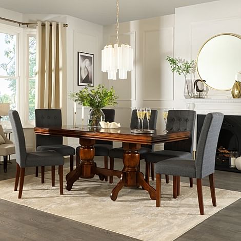 Chatsworth Extending Dining Table & 4 Regent Chairs, Dark Solid Hardwood, Slate Grey Classic Linen-Weave Fabric, 150-180cm