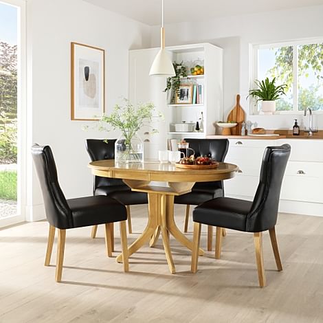 Hudson Round Extending Dining Table & 6 Bewley Chairs, Natural Oak Finished Solid Hardwood, Black Classic Faux Leather, 90-120cm