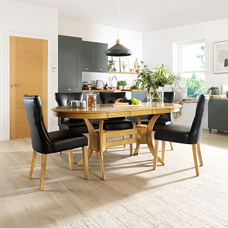 Townhouse Oval Extending Dining Table & 6 Bewley Chairs, Natural Oak Finished Solid Hardwood, Black Classic Faux Leather, 150-180cm