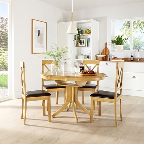 Hudson Round Extending Dining Table & 4 Kendal Chairs, Natural Oak Finished Solid Hardwood, Brown Classic Faux Leather, 90-120cm