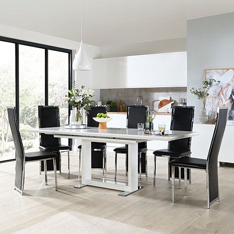 Tokyo Extending Dining Table & 6 Celeste Chairs, White High Gloss, Black Classic Faux Leather & Chrome, 160-220cm