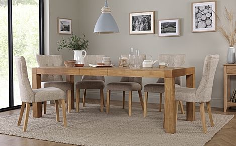 Cambridge Extending Dining Table & 6 Bewley Chairs, Natural Oak Veneer & Solid Hardwood, Oatmeal Classic Linen-Weave Fabric & Natural Oak Finished Solid Hardwood, 175-220cm