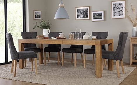 Cambridge Extending Dining Table & 4 Bewley Chairs, Natural Oak Veneer & Solid Hardwood, Slate Grey Classic Linen-Weave Fabric & Natural Oak Finished Solid Hardwood, 175-220cm