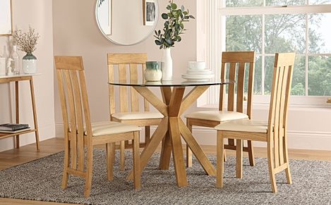 Hatton Round Dining Table & 4 Chester Chairs, Glass & Natural Oak Finished Solid Hardwood, Ivory Classic Faux Leather, 100cm