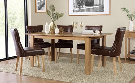 Bali Extending Dining Table & 4 Bewley Chairs, Natural Oak Finished Solid Hardwood, Club Brown Classic Faux Leather, 150-180cm