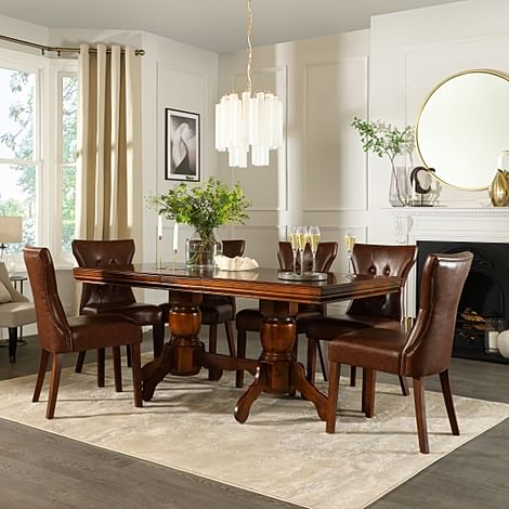 Chatsworth Extending Dining Table & 4 Bewley Chairs, Dark Solid Hardwood, Club Brown Classic Faux Leather, 150-180cm