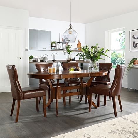 Townhouse Oval Extending Dining Table & 6 Bewley Chairs, Dark Solid Hardwood, Club Brown Classic Faux Leather, 150-180cm