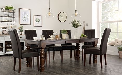 Hampshire Extending Dining Table & 4 Carrick Chairs, Dark Solid Hardwood, Brown Classic Faux Leather, 150-200cm