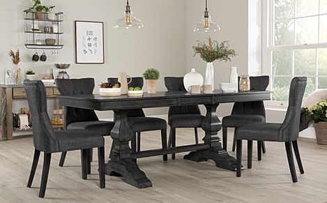 Cavendish Extending Dining Table & 6 Bewley Chairs, Grey Oak Veneer & Solid Hardwood, Slate Grey Classic Linen-Weave Fabric & Grey Solid Hardwood, 160-200cm