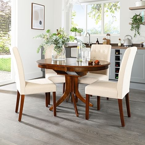 Hudson Round Extending Dining Table & 4 Regent Chairs, Dark Solid Hardwood, Oatmeal Classic Linen-Weave Fabric, 90-120cm