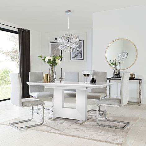 Florence Extending Dining Table & 4 Perth Chairs, White High Gloss, Dove Grey Classic Plush Fabric & Chrome, 120-160cm