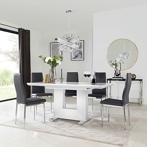 Florence Extending Dining Table & 6 Leon Chairs, White High Gloss, Grey Classic Faux Leather & Chrome, 120-160cm