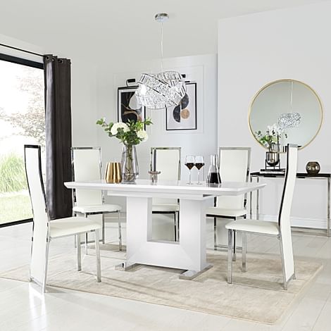 Florence Extending Dining Table & 6 Celeste Chairs, White High Gloss, White Classic Faux Leather & Chrome, 120-160cm