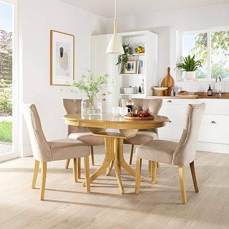 Hudson Round Extending Dining Table & 6 Bewley Chairs, Natural Oak Finished Solid Hardwood, Champagne Classic Velvet, 90-120cm