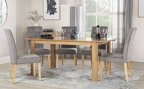 Bali Extending Dining Table & 6 Regent Chairs, Natural Oak Finished Solid Hardwood, Grey Classic Velvet, 150-180cm