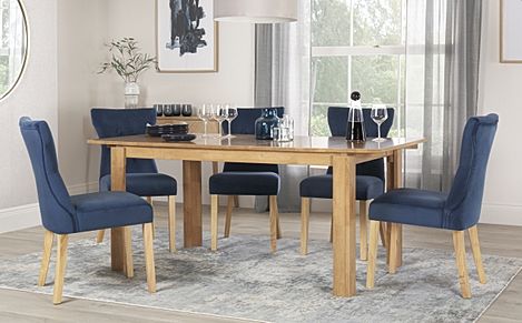 Bali Extending Dining Table & 4 Bewley Chairs, Natural Oak Finished Solid Hardwood, Blue Classic Velvet, 150-180cm