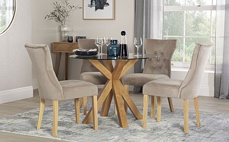 Hatton Round Dining Table & 4 Bewley Chairs, Glass & Natural Oak Finished Solid Hardwood, Champagne Classic Velvet, 100cm