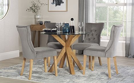 Hatton Round Dining Table & 4 Bewley Chairs, Glass & Natural Oak Finished Solid Hardwood, Grey Classic Velvet, 100cm
