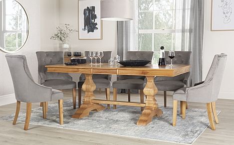 Cavendish Extending Dining Table & 6 Duke Chairs, Natural Oak Veneer & Solid Hardwood, Grey Classic Velvet & Natural Oak Finished Solid Hardwood, 160-200cm