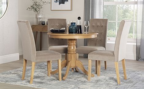 Kingston Round Dining Table & 4 Regent Chairs, Natural Oak Finished Solid Hardwood, Champagne Classic Velvet, 90cm