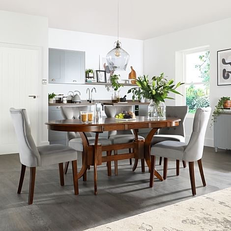 Townhouse Oval Extending Dining Table & 4 Bewley Chairs, Dark Solid Hardwood, Grey Classic Velvet, 150-180cm