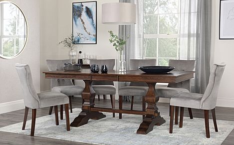 Cavendish Extending Dining Table & 4 Bewley Chairs, Dark Oak Veneer & Solid Hardwood, Grey Classic Velvet & Dark Solid Hardwood, 160-200cm