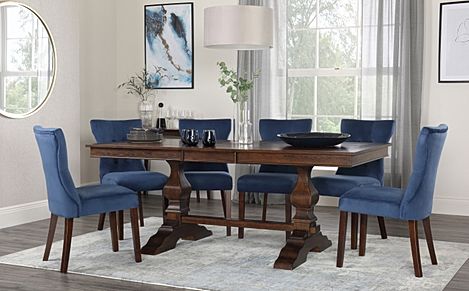 Cavendish Extending Dining Table & 6 Bewley Chairs, Dark Oak Veneer & Solid Hardwood, Blue Classic Velvet & Dark Solid Hardwood, 160-200cm