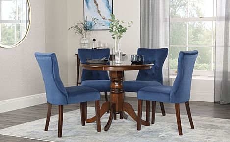 Kingston Round Dining Table & 4 Bewley Chairs, Dark Solid Hardwood, Blue Classic Velvet, 90cm