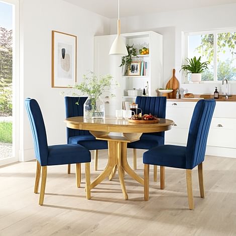 Hudson Round Extending Dining Table & 6 Salisbury Chairs, Natural Oak Finished Solid Hardwood, Blue Classic Velvet, 90-120cm