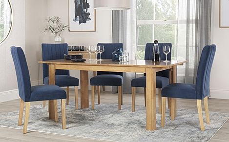Bali Extending Dining Table & 6 Salisbury Chairs, Natural Oak Finished Solid Hardwood, Blue Classic Velvet, 150-180cm