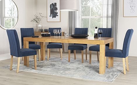 Cambridge Extending Dining Table & 4 Salisbury Chairs, Natural Oak Veneer & Solid Hardwood, Blue Classic Velvet & Natural Oak Finished Solid Hardwood, 175-220cm