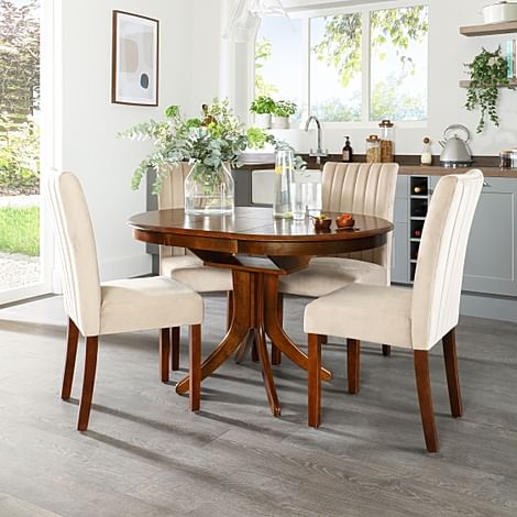 Hudson Round Extending Dining Table & 4 Salisbury Chairs, Dark Solid Hardwood, Champagne Classic Velvet, 90-120cm