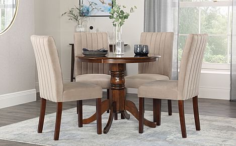 Kingston Round Dining Table & 4 Salisbury Chairs, Dark Solid Hardwood, Champagne Classic Velvet, 90cm