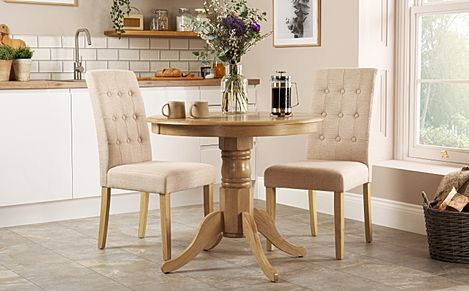 Kingston Round Dining Table & 2 Regent Chairs, Natural Oak Finished Solid Hardwood, Oatmeal Classic Linen-Weave Fabric, 90cm