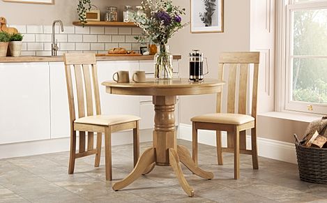 Kingston Round Dining Table & 2 Chester Chairs, Natural Oak Finished Solid Hardwood, Ivory Classic Faux Leather, 90cm