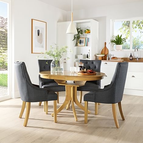 Hudson Round Extending Dining Table & 4 Duke Chairs, Natural Oak Finished Solid Hardwood, Slate Grey Classic Linen-Weave Fabric, 90-120cm