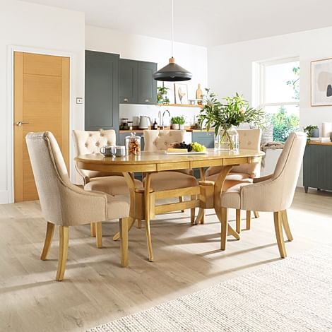 Townhouse Oval Extending Dining Table & 6 Duke Chairs, Natural Oak Finished Solid Hardwood, Oatmeal Classic Linen-Weave Fabric, 150-180cm