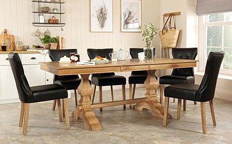 Cavendish Extending Dining Table & 4 Bewley Chairs, Natural Oak Veneer & Solid Hardwood, Black Classic Faux Leather & Natural Oak Finished Solid Hardwood, 160-200cm