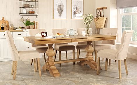 Cavendish Extending Dining Table & 8 Bewley Chairs, Natural Oak Veneer & Solid Hardwood, Oatmeal Classic Linen-Weave Fabric & Natural Oak Finished Solid Hardwood, 160-200cm