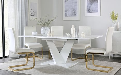 Turin White High Gloss Extending Dining Table With 8 Perth White Leather Chairs Gold Legs Furniture And Choice