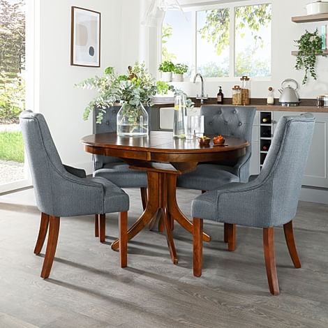 Hudson Round Extending Dining Table & 4 Duke Chairs, Dark Solid Hardwood, Slate Grey Classic Linen-Weave Fabric, 90-120cm