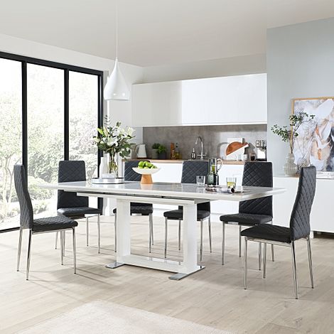 Tokyo Extending Dining Table & 6 Renzo Chairs, White High Gloss, Grey Classic Faux Leather & Chrome, 160-220cm