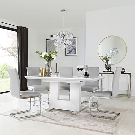 Florence Extending Dining Table & 4 Perth Chairs, White High Gloss, Light Grey Classic Faux Leather & Chrome, 120-160cm